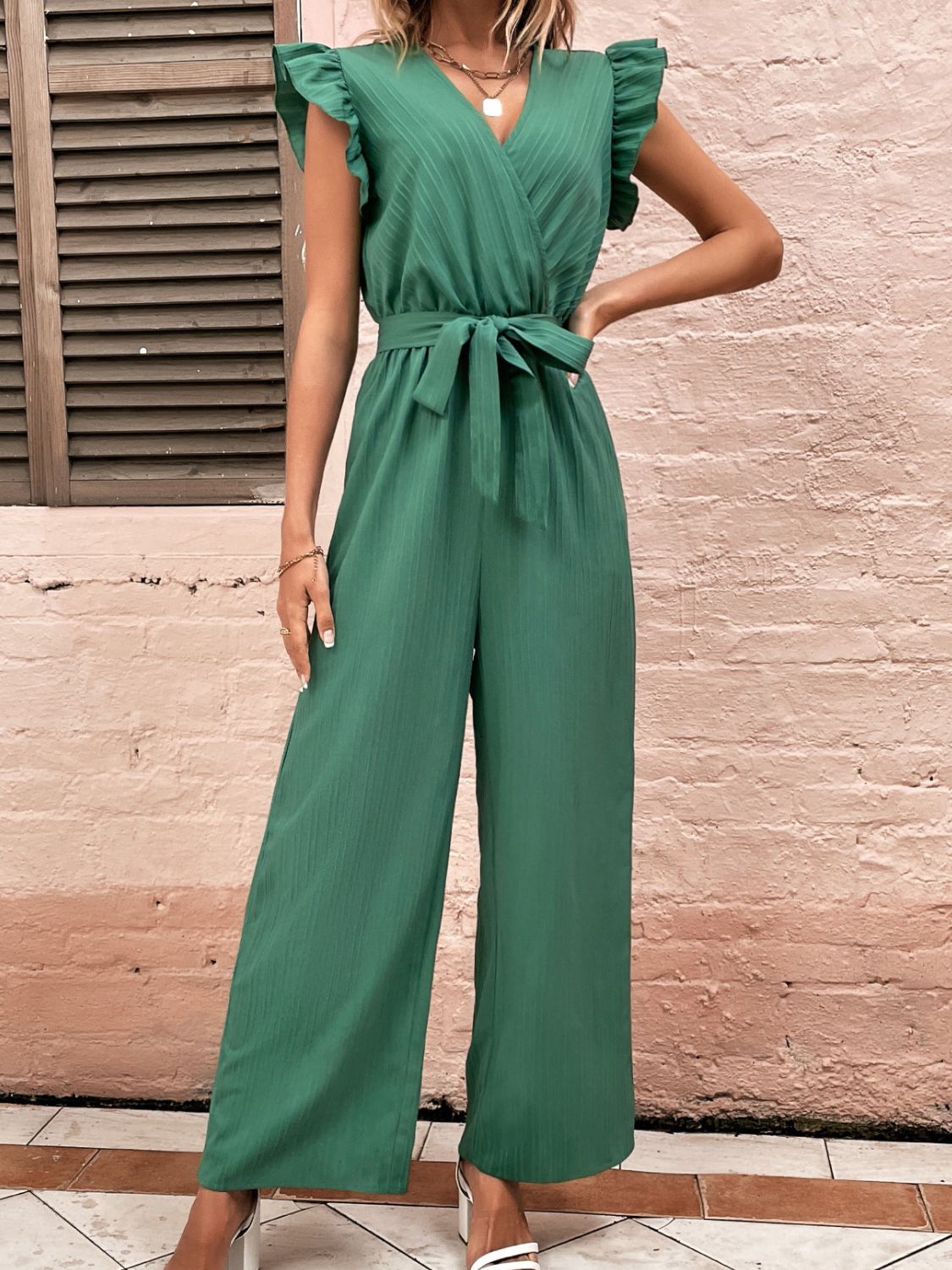 Ruffled Surplice Cap Sleeve Jumpsuit Dark Green