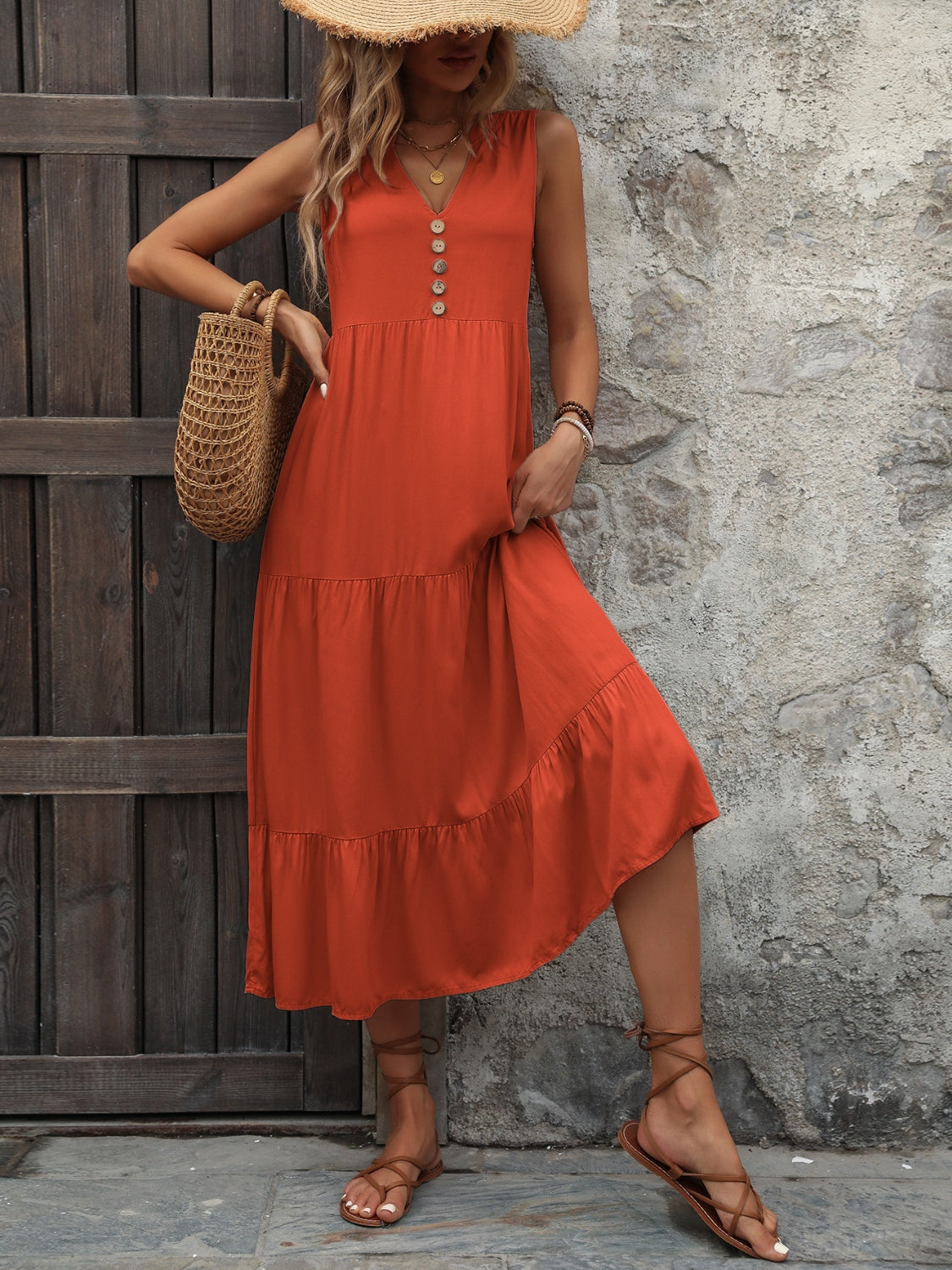 Cotton Sleeveless Dress with Decorative Buttons Red Orange