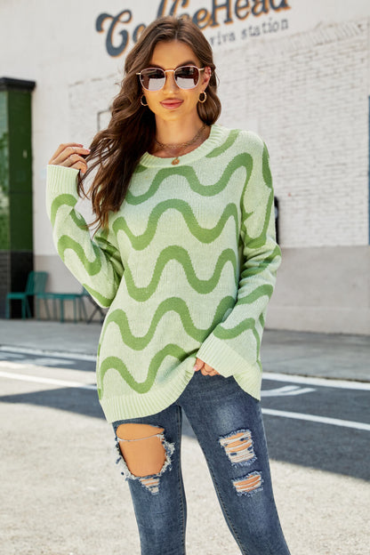 Wave Stripe Ribbed Trim Tunic Sweater Green