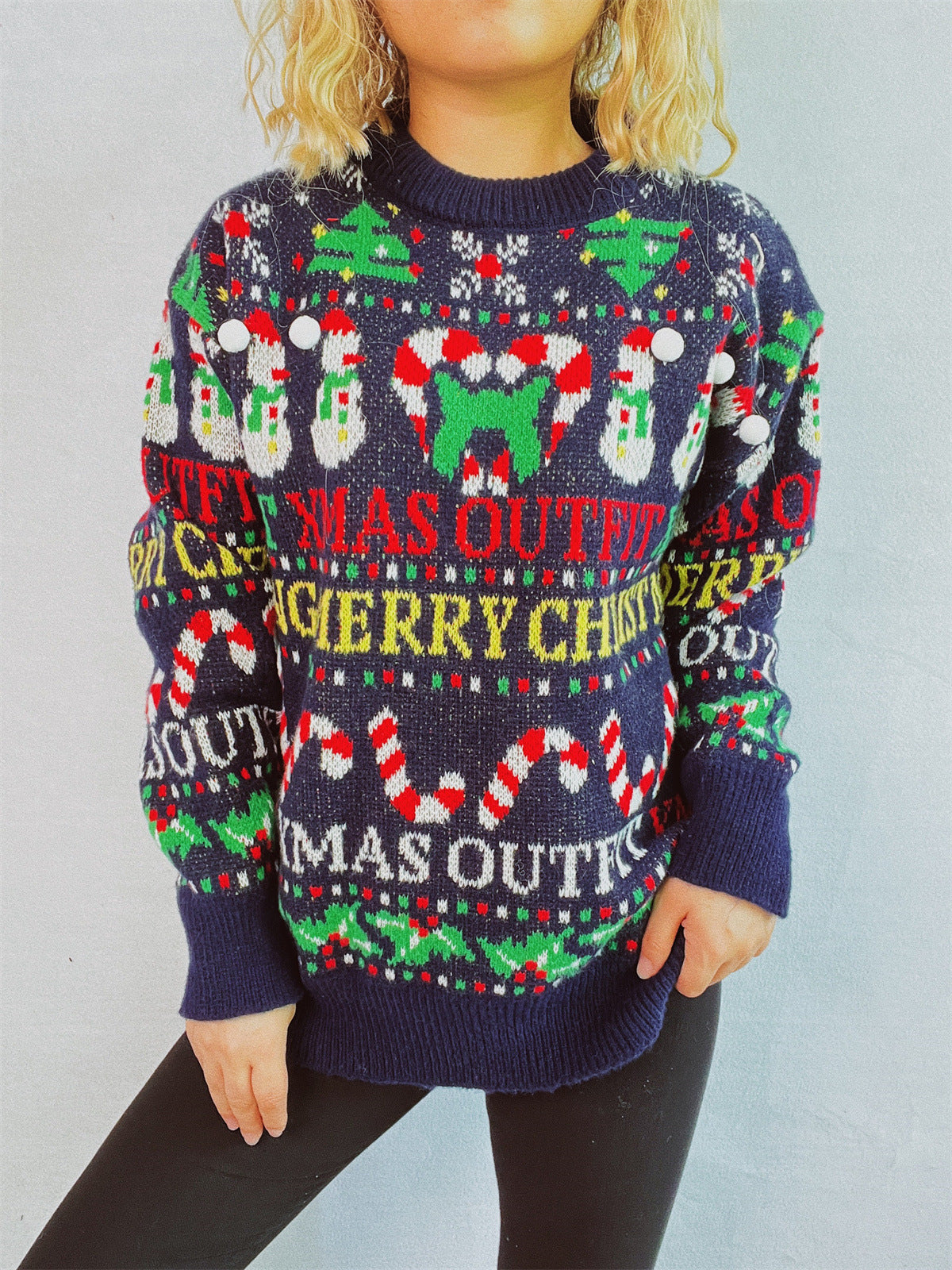 Christmas Pattern Round Neck Long Sleeve Sweater Dark Blue