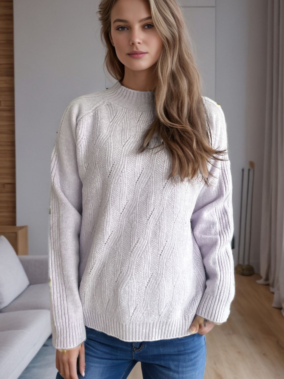 Mock Neck Long Sleeve Sweater Lilac One Size