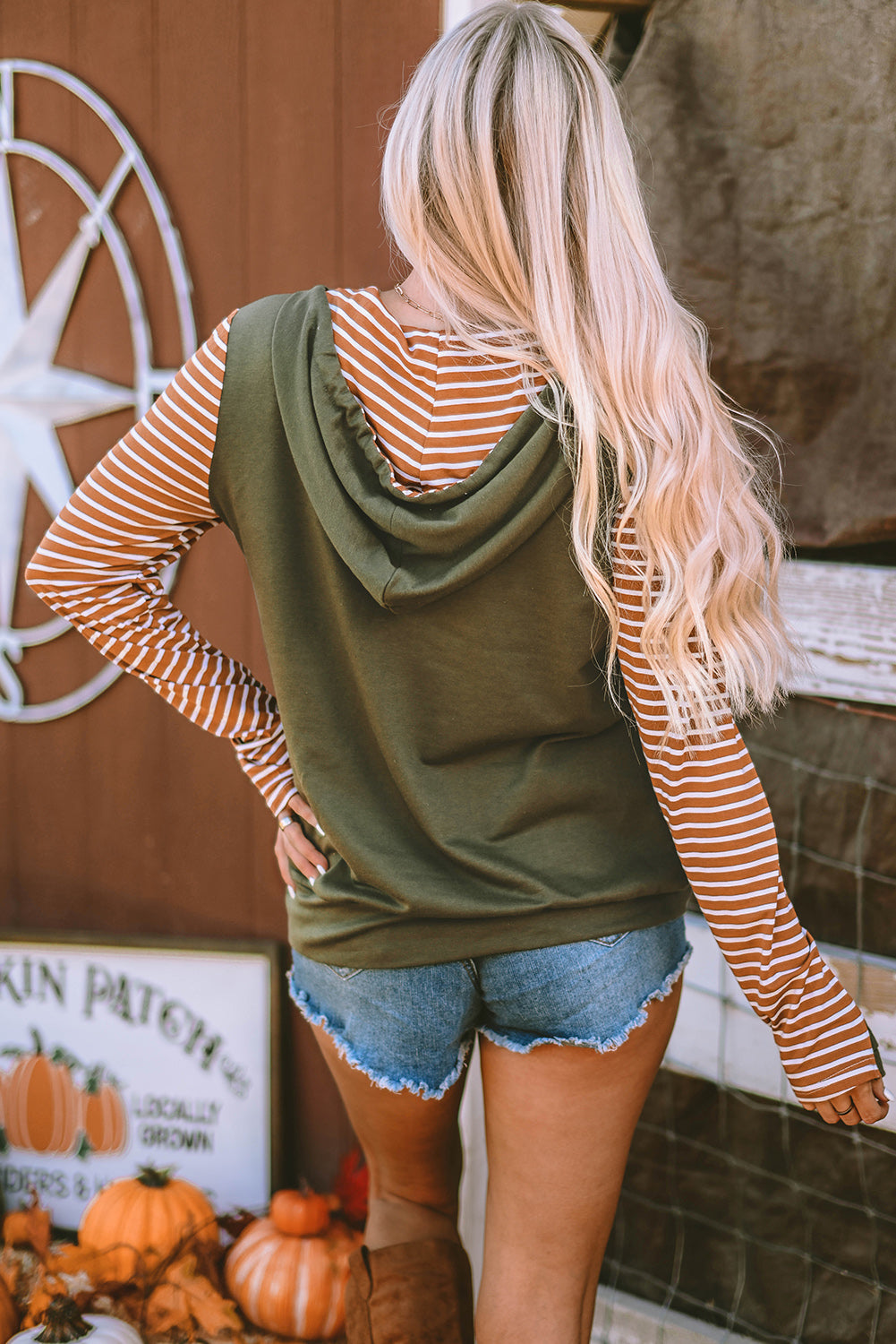 Drawstring Stripe Half Zip Long Sleeve Hoodie