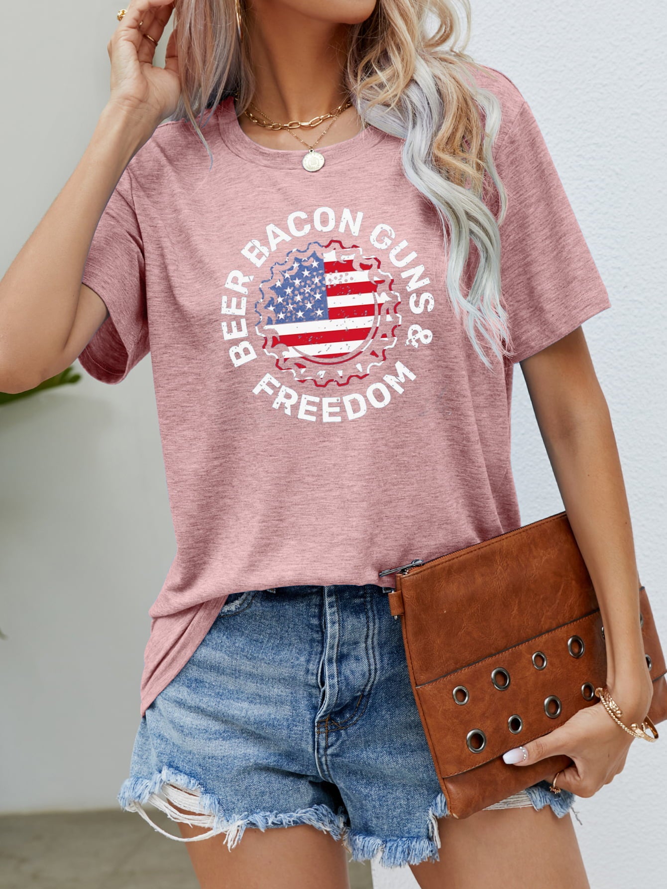 Flag Tee with Beer, Bacon & Freedom Blush Pink