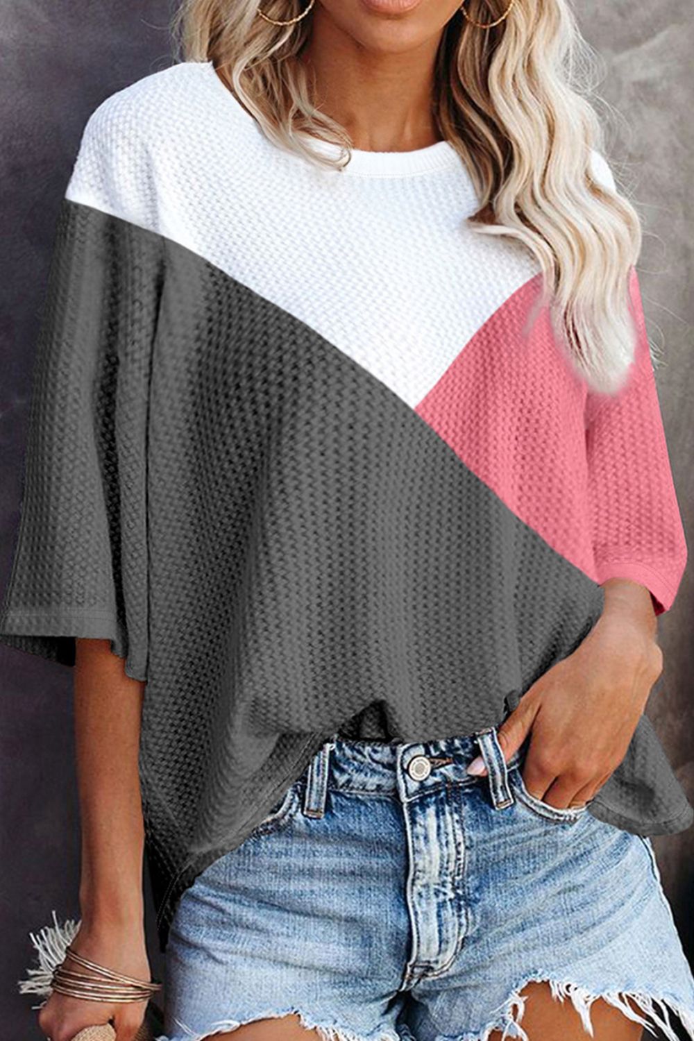 Color Block Round Neck Half Sleeve Top Dark Gray