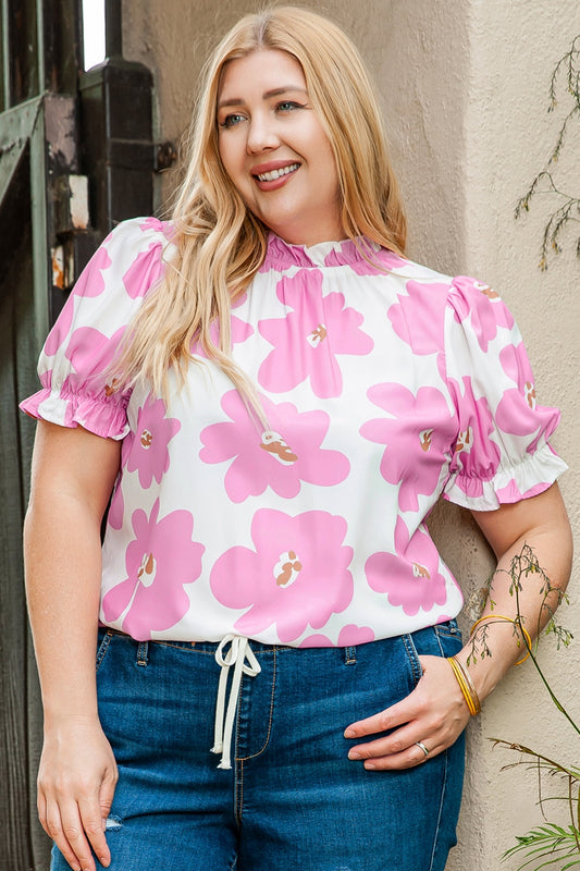Plus Size Printed Round Neck Short Sleeve Top Pink