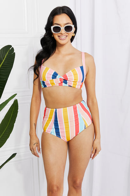 Striped Twist-Front High-Waisted Bikini Stripe