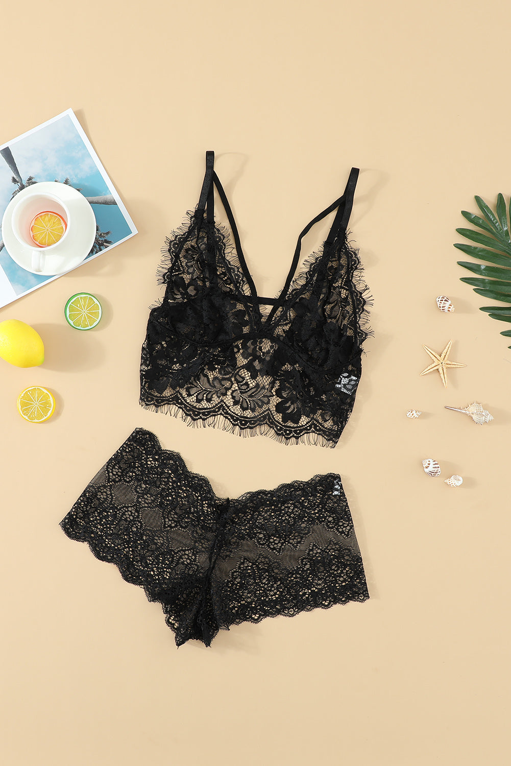 Sheer Floral Lace Strappy Bralette and Cheeky Panty Set