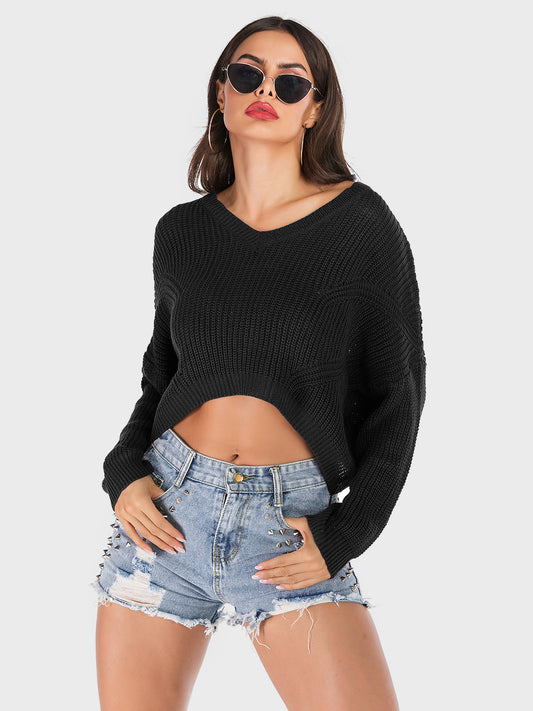 Perfee V-Neck Long Sleeve Sweater Black