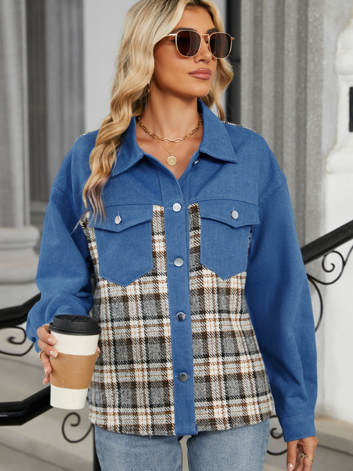 Plaid Denim Jacket with Button Closure