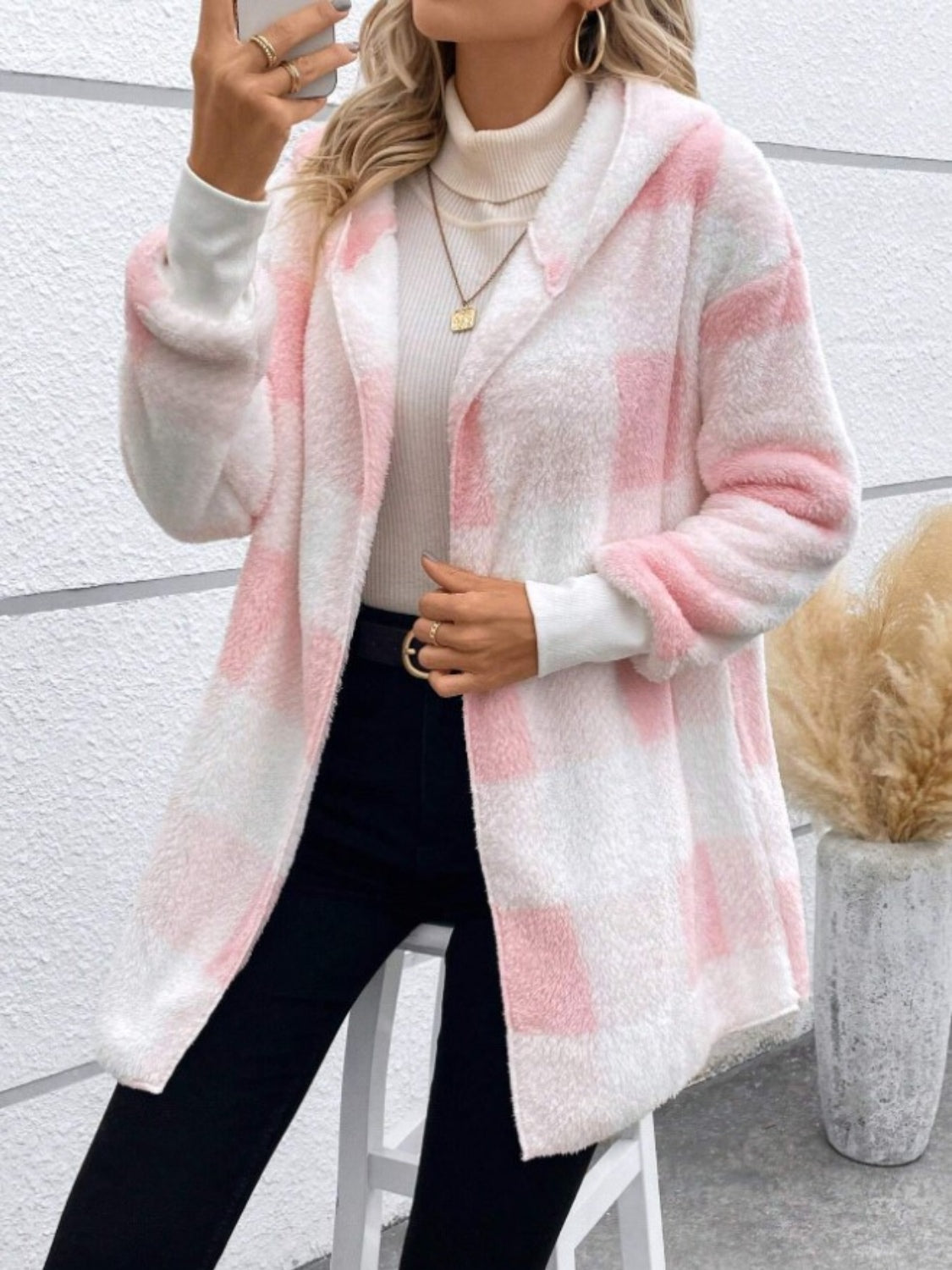 Plaid Long Sleeve Hooded Coat Blush Pink