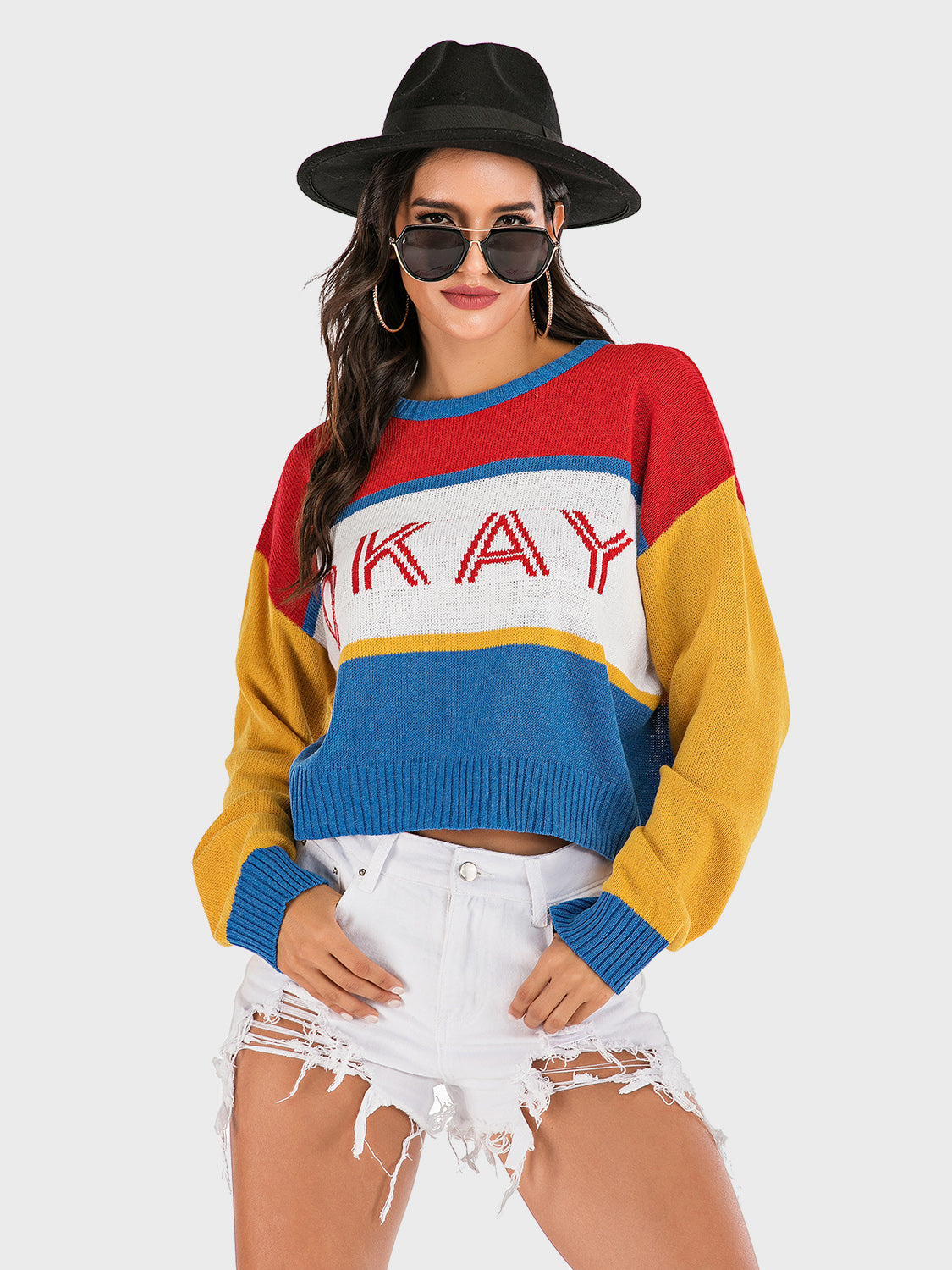 Perfee OKAY Contrast Dropped Shoulder Long Sleeve Sweater Blue