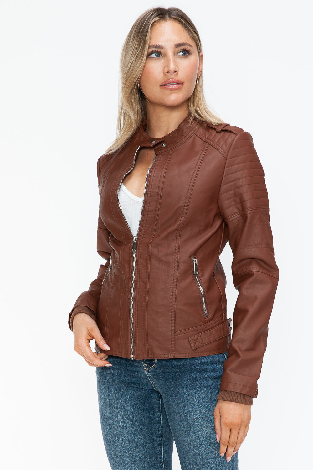 Snobbish PU Leather Biker Jacket with Side Zip Pockets