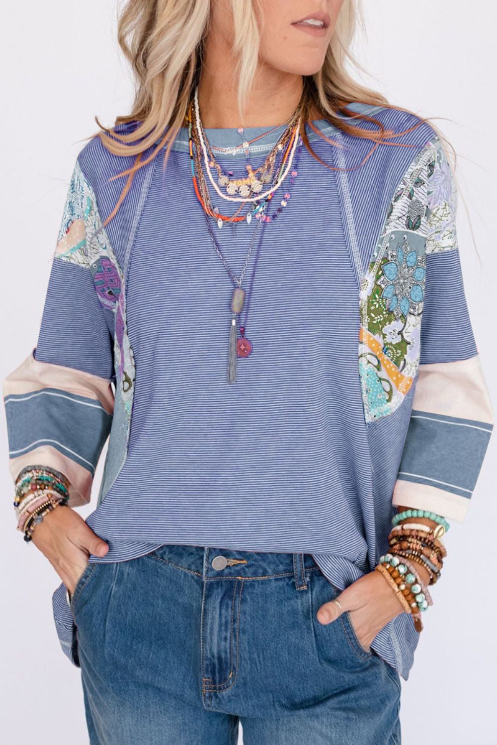 Striped Floral Patchwork Round Neck Top Dusty Blue