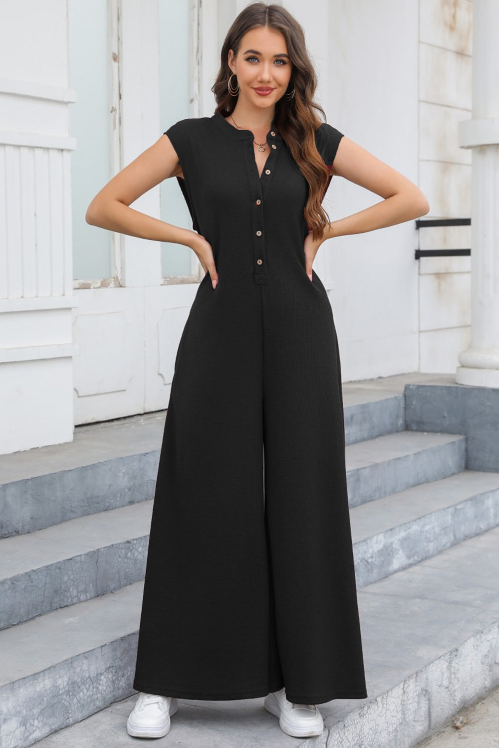 Half Button Wide Leg Jumpsuit with Pockets Black