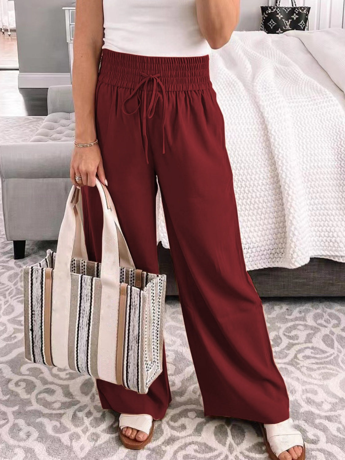 Full Size Drawstring High Waist Wide Leg Pants Burgundy