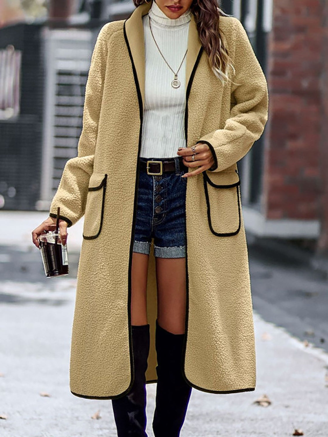 Full Size Contrast Trim Long Sleeve Coat with Pockets Camel