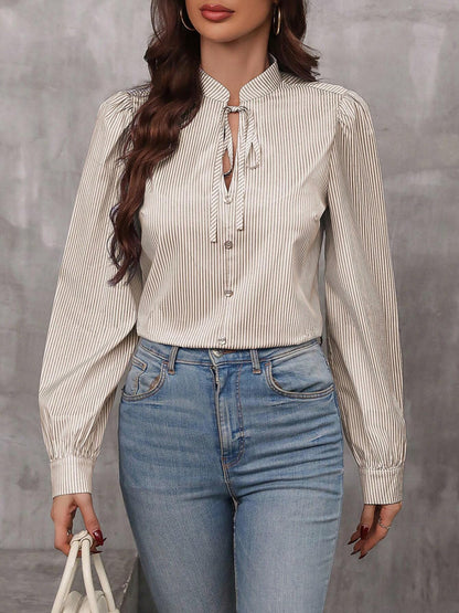 Striped Tie Neck Long Sleeve Blouse Khaki