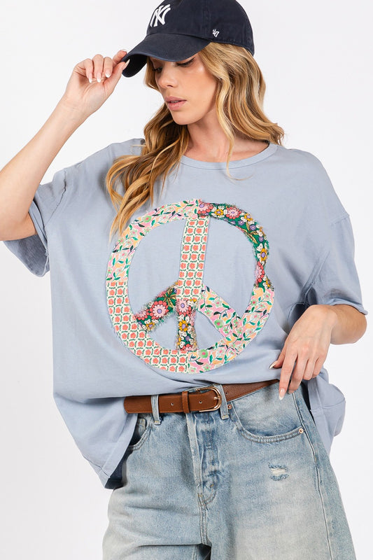 SAGE + FIG Peace Sign Round Neck Half Sleeve T-Shirt Dusty Blue
