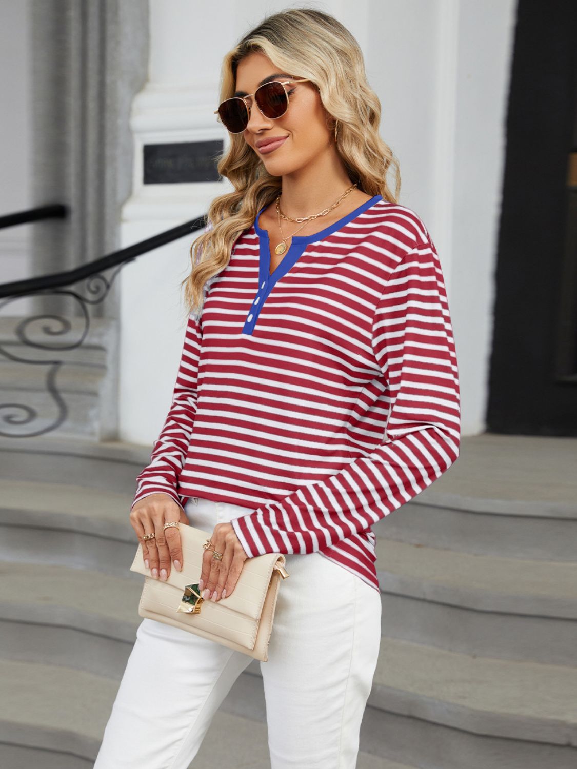 Striped Notch Neck Tee Deep Red