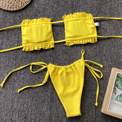 Ruched bikini set with flirty frill trim