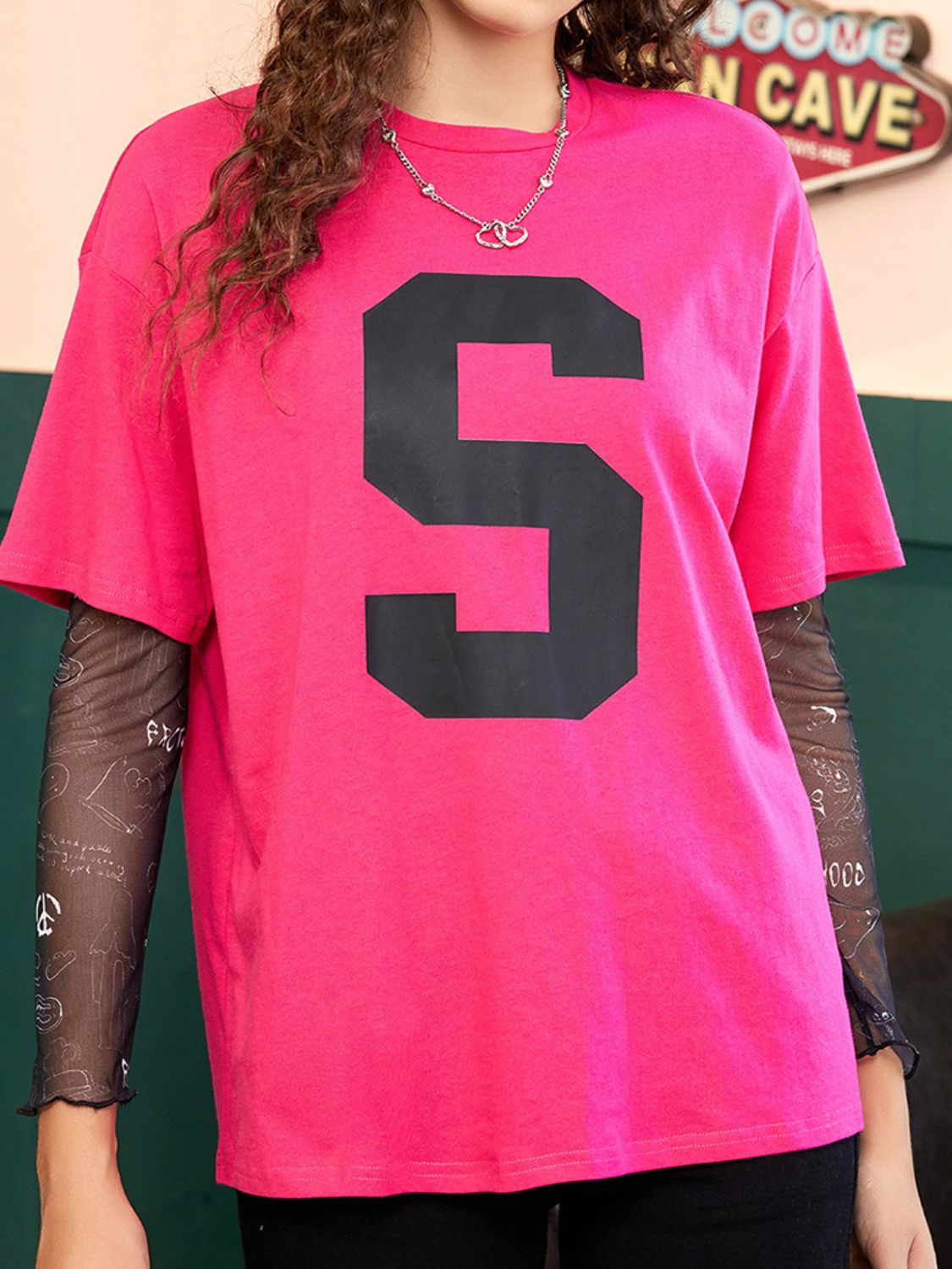 Letter Graphic Round Neck Half Sleeve T-Shirt Cerise