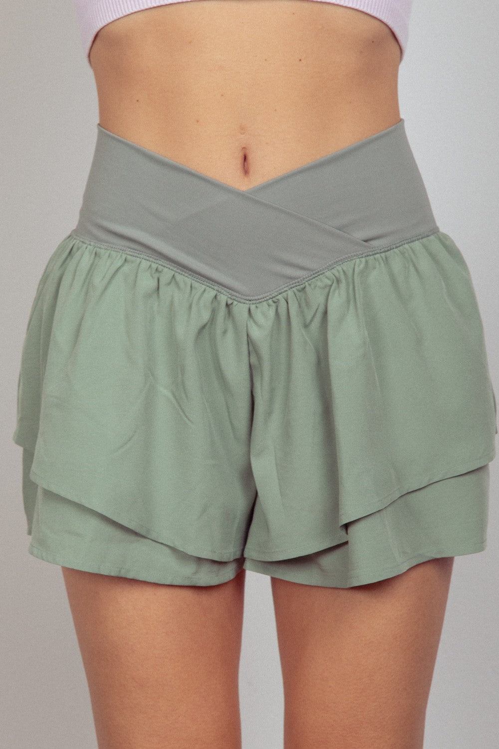 VERY J V-Shaped High Waist Layered Active Shorts Sage