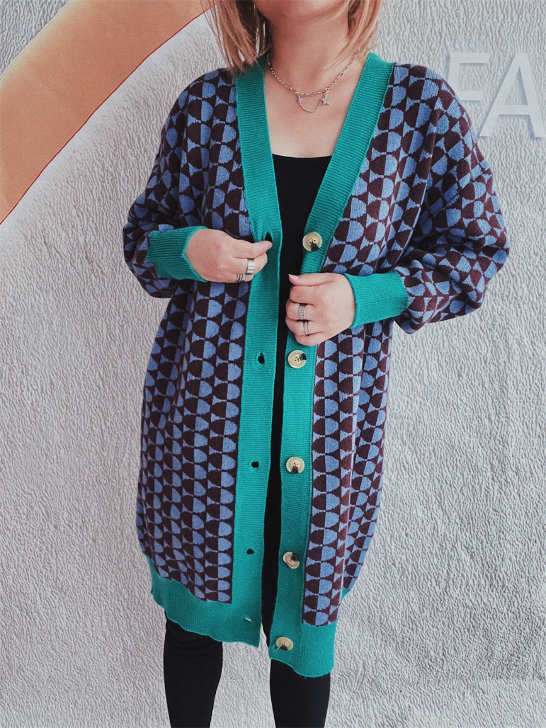 Contrast Trim Geometric Button Down Cardigan Turquoise One Size