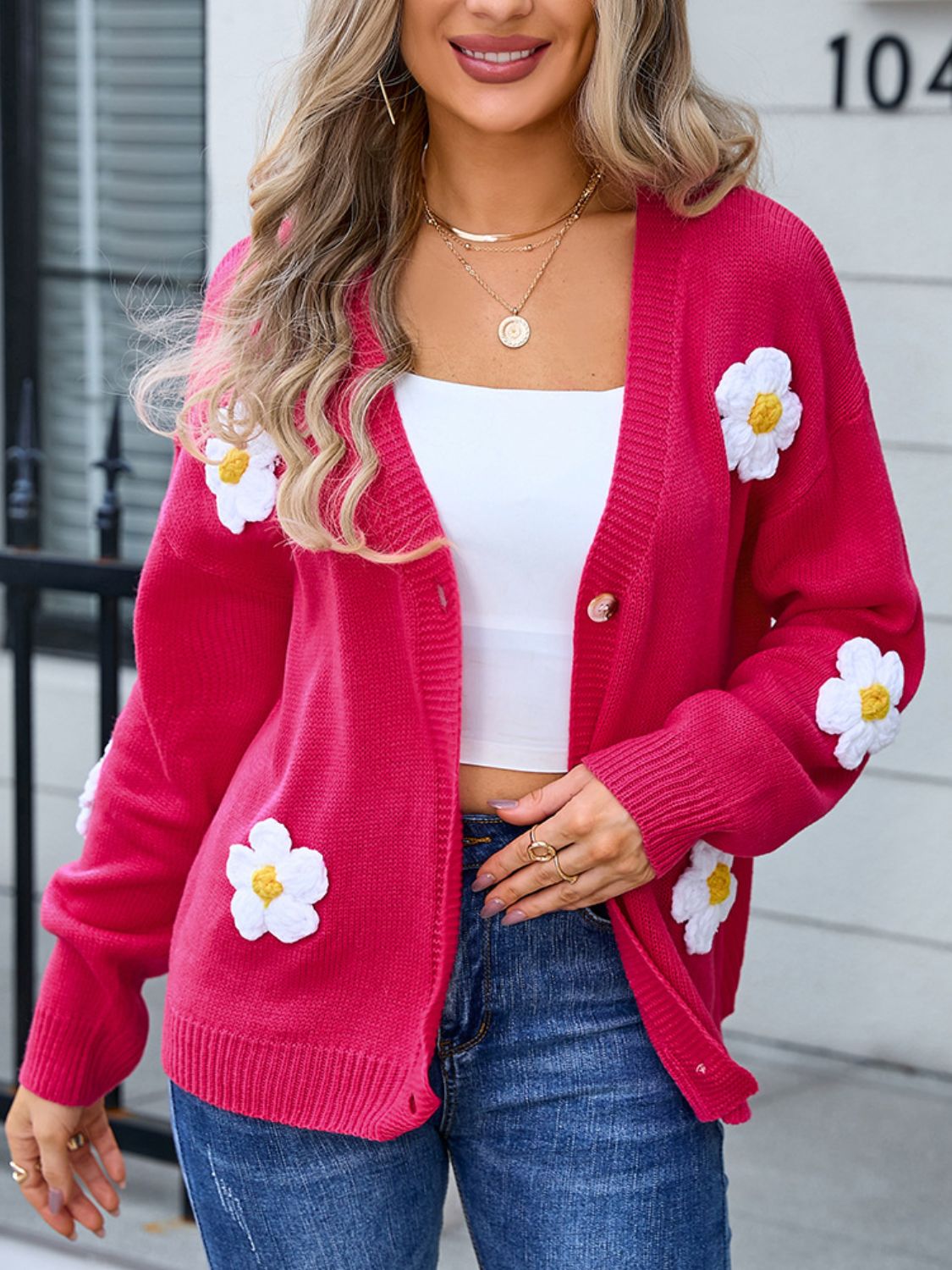 Angel Wings Crochet Flower Button Up Cardigan Deep Rose