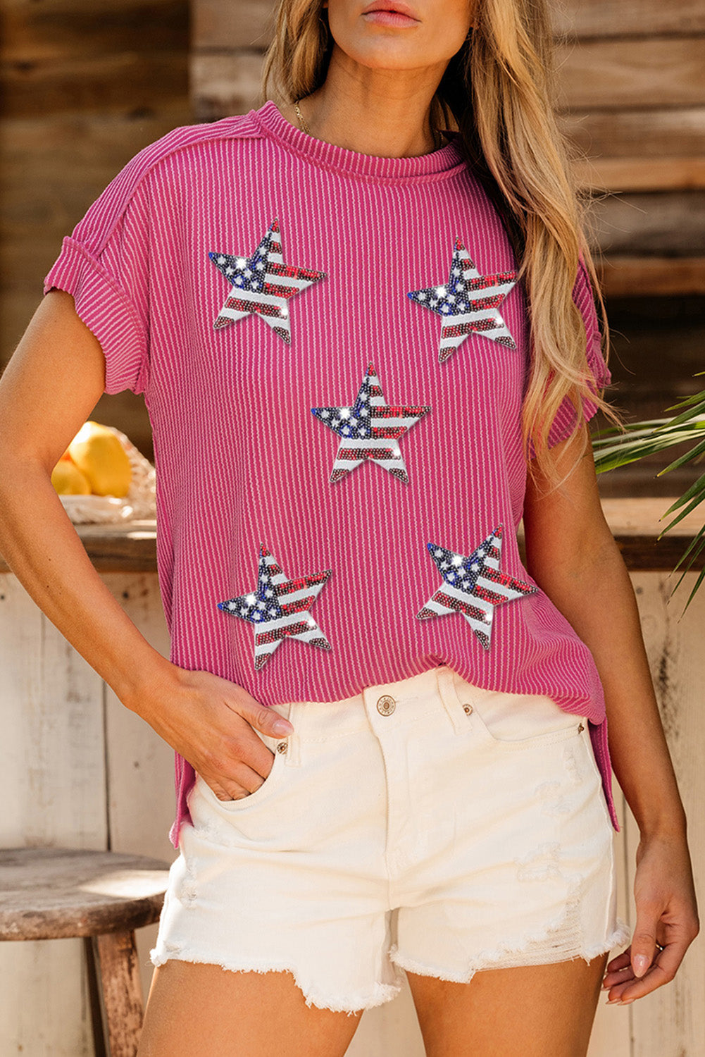 Patriotic Sequin Star Tee Hot Pink