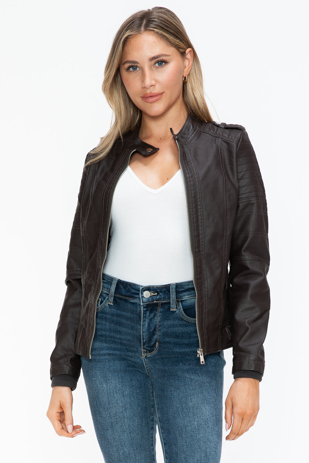 Snobbish PU Leather Biker Jacket with Side Zip Pockets Chocolate