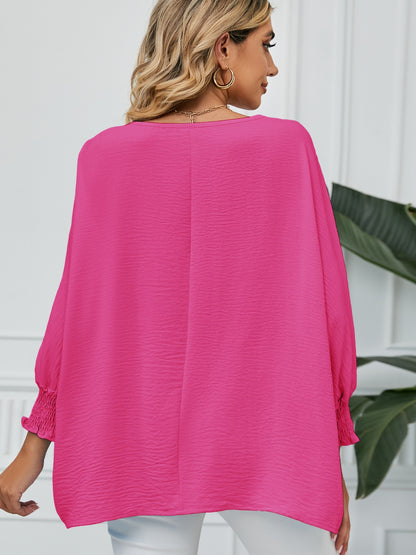 Smocked Lantern Sleeve Round Neck Blouse