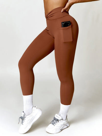 Twisted High Waist Active Pants with Pockets Brown