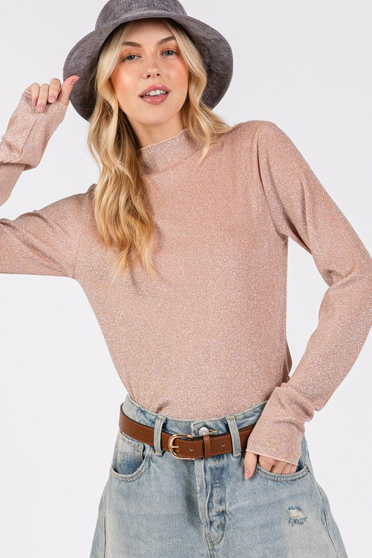 SAGE + FIG Glitter Mock Neck Lettuce Hem Long Sleeve Top Apricot