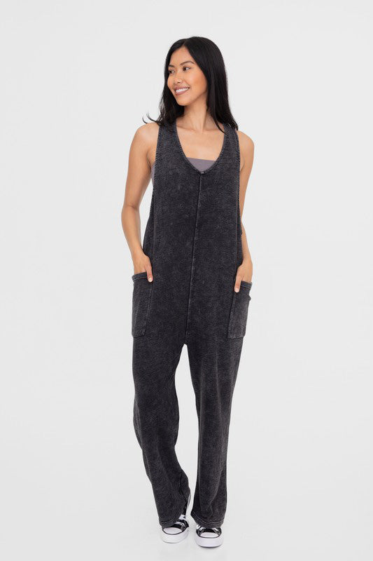 Mono B Mineral-Washed V Neck Overalls with Pockets Black