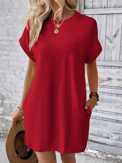 Casual Pocketed Round Neck Tee Dress