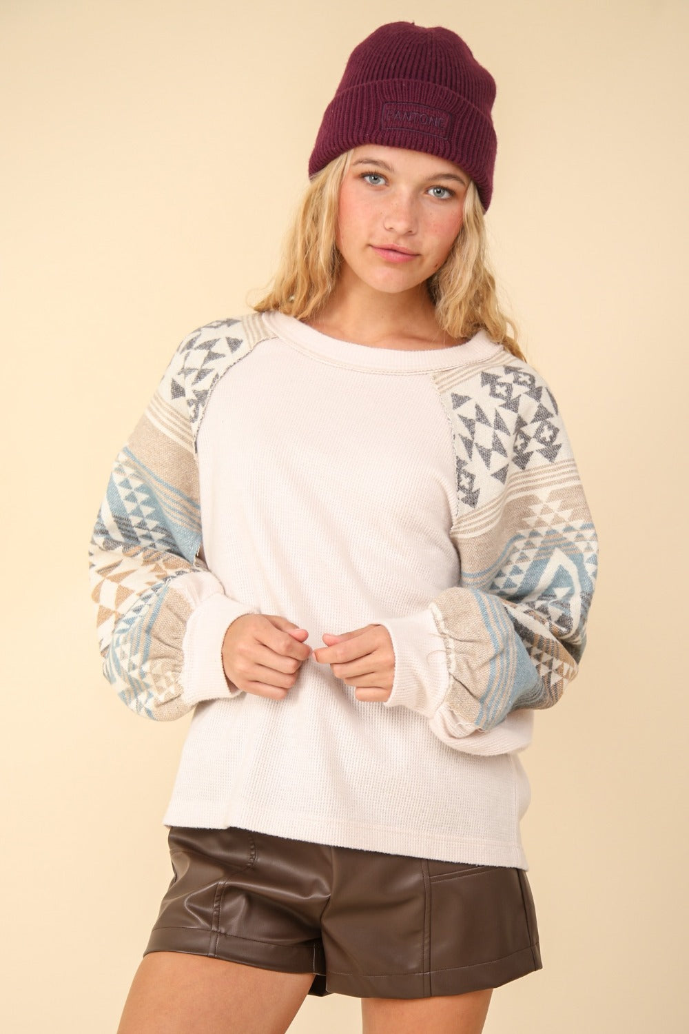 VERY J Printed Long Sleeve Round Neck Knit Top Cream