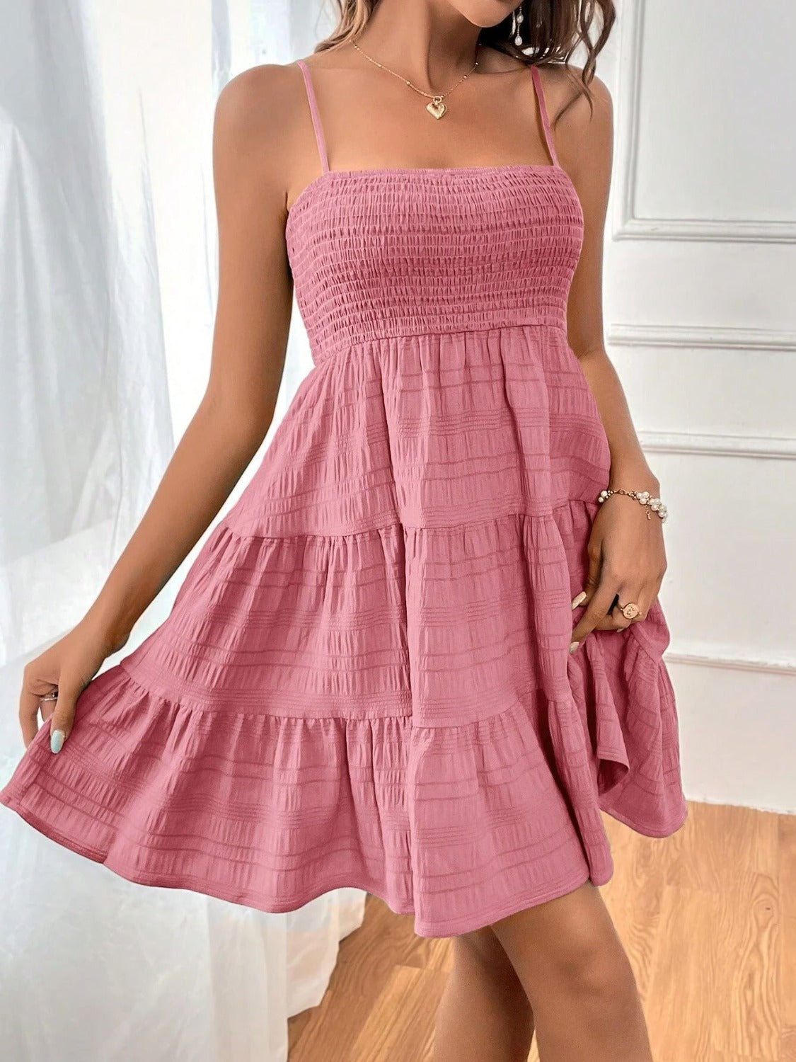Tiered Smocked Square Neck Cami Dress Dusty Pink