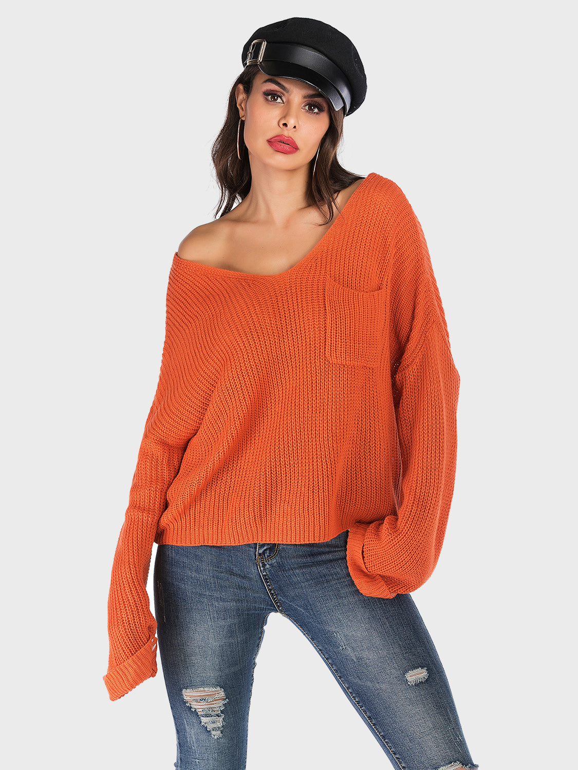 Perfee V-Neck Dropped Shoulder Long Sleeve Sweater Orange