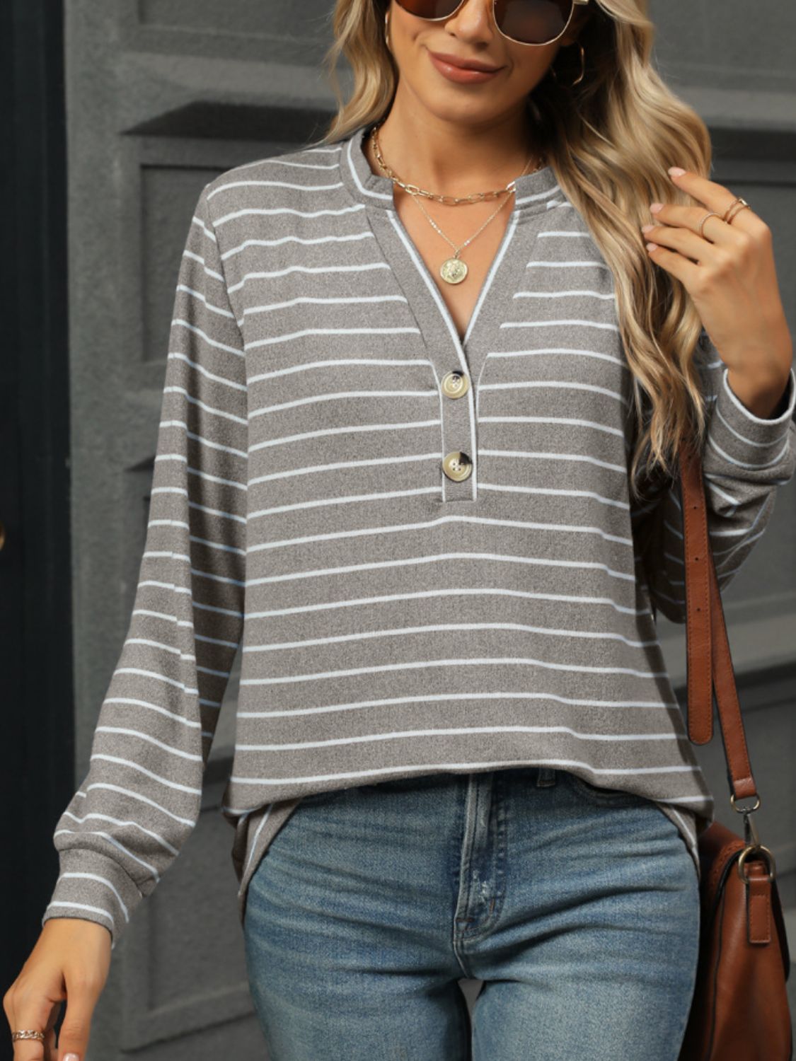 Striped Notched Long Sleeve T-Shirt Gray