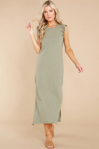 Ruffled Slit Round Neck Cap Sleeve Dress Sage