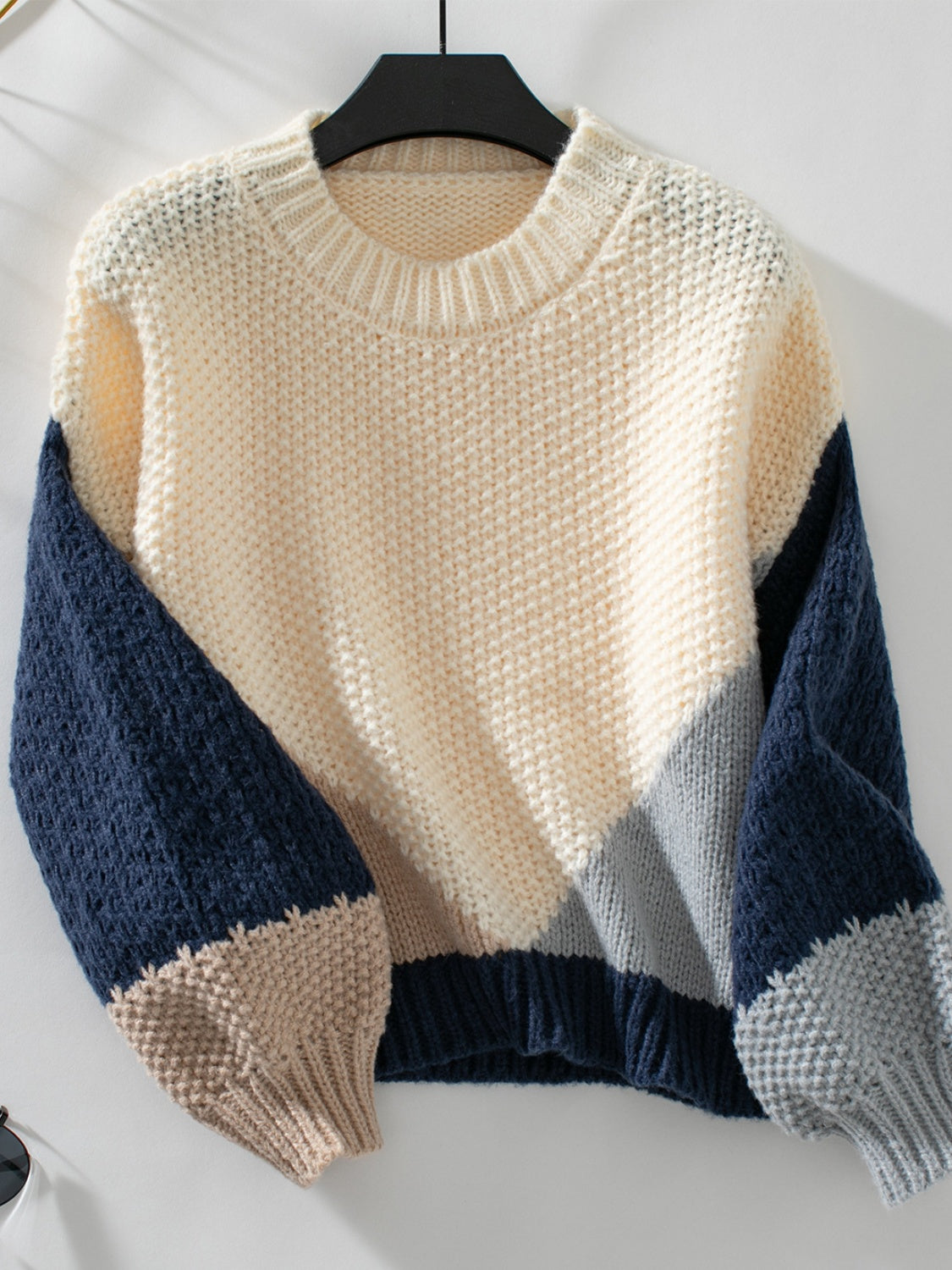 Color Block Round Neck Dropped Shoulder Sweater Navy