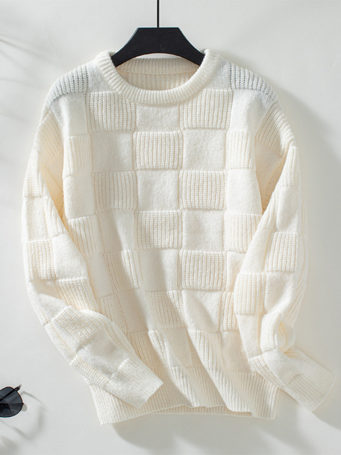 Checkered Round Neck Long Sleeve Sweater Cream