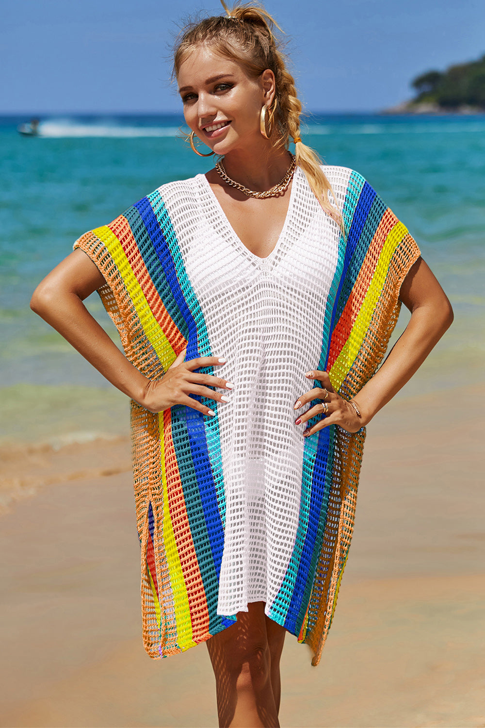 Lightweight Openwork Striped Knit Beach Cover-Up White One Size