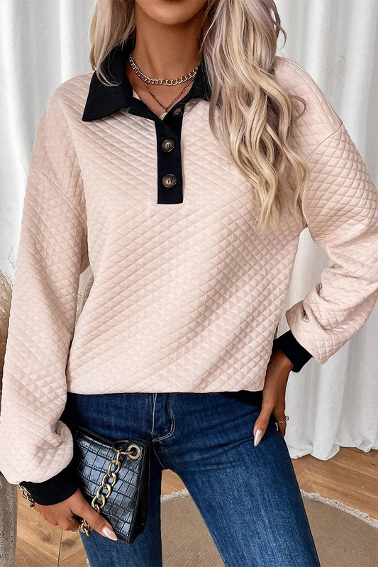 Textured Collared Neck Long Sleeve Top Tan