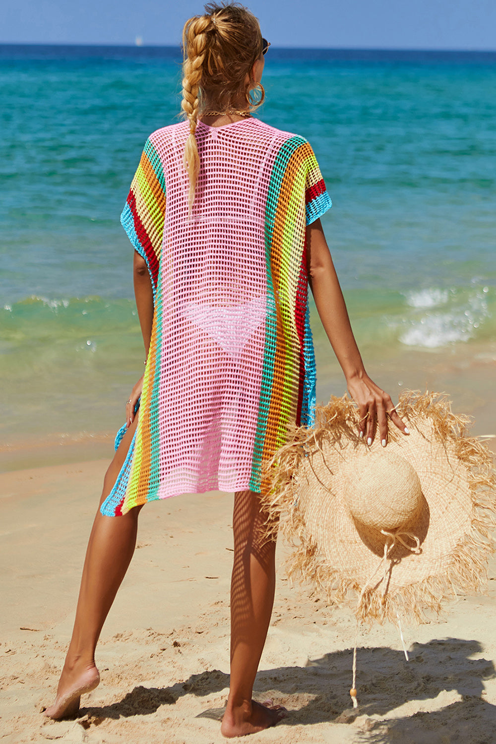 Lightweight Openwork Striped Knit Beach Cover-Up