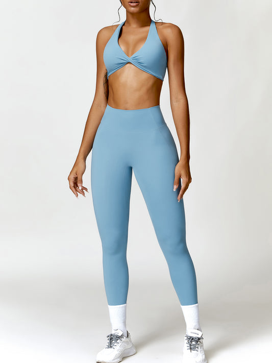 Twisted Halter Neck Bra and High Waist Leggings Active Set Light Blue