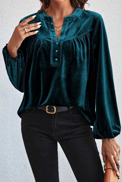 Ruched Decorative Button Notched Blouse Deep Teal