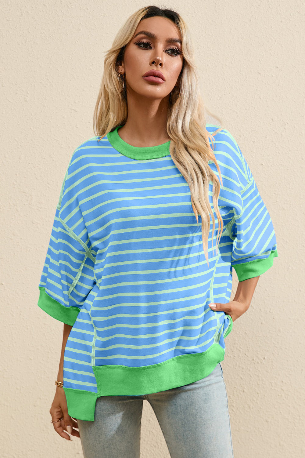 Striped Round Neck Half Sleeve T-Shirt Dusty Blue