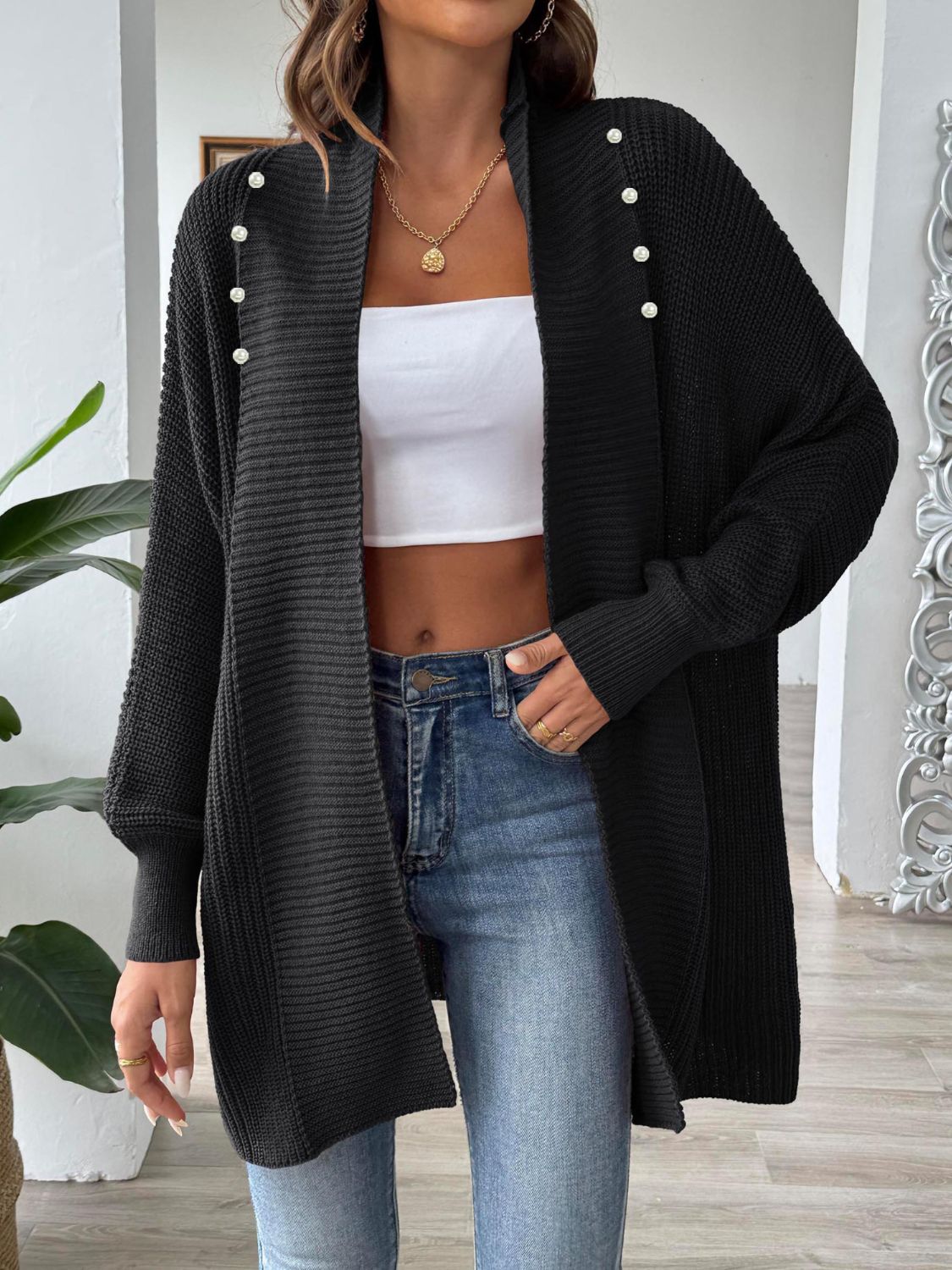 Open Front Long Sleeve Cardigan Black One Size