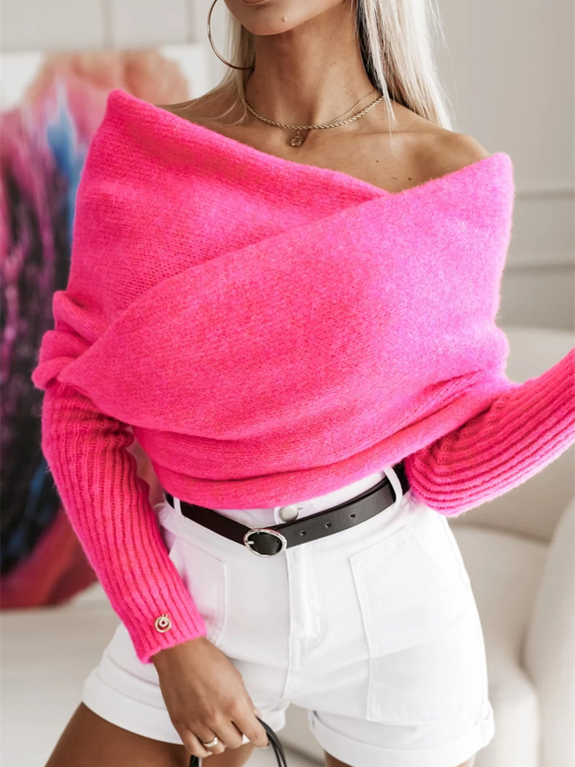 Long Sleeve Cropped Knit Top Hot Pink One Size